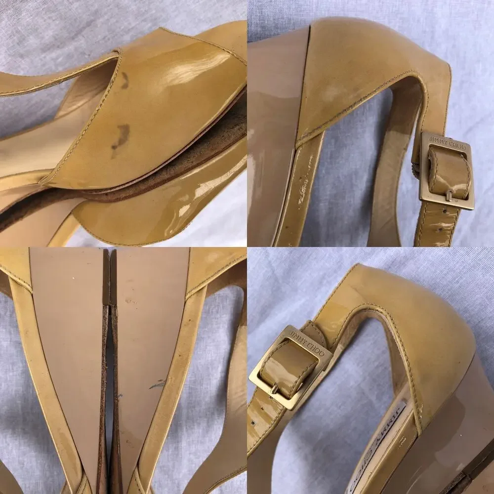 Jimmy Choo Shoes Tan Patent Leather T Strap Wedge Sandal Made in Italy Flawed 39